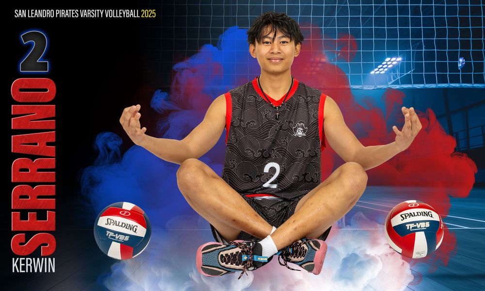 Volleyball player in black jersey sitting cross-legged with volleyballs against blue and red background.