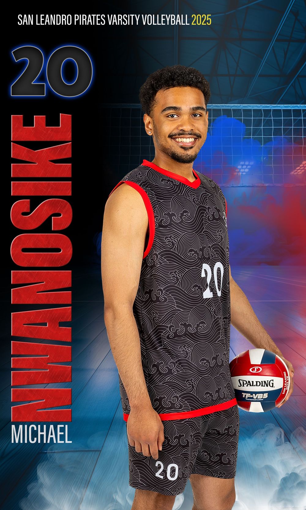 Volleyball player in black and red Pirates uniform holding ball against blue backdrop.