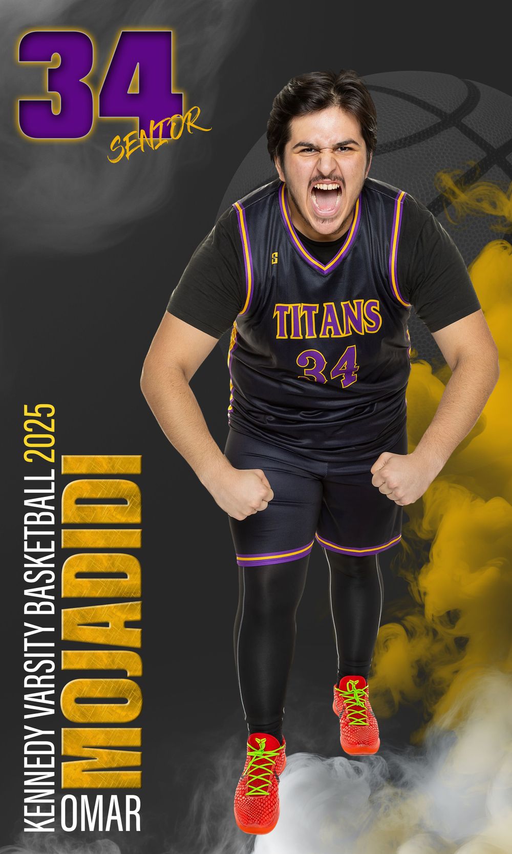 Basketball player in black Titans jersey showing intense expression against yellow background.