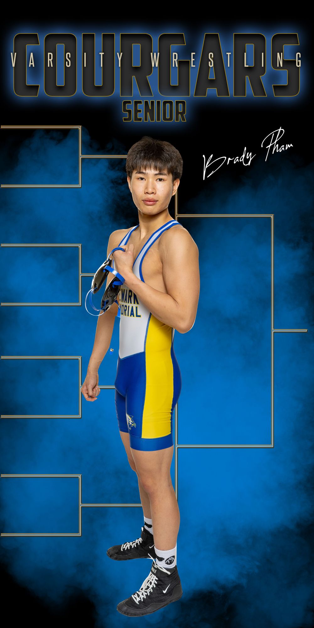 High school wrestler in blue and yellow singlet poses in front of tournament bracket background.