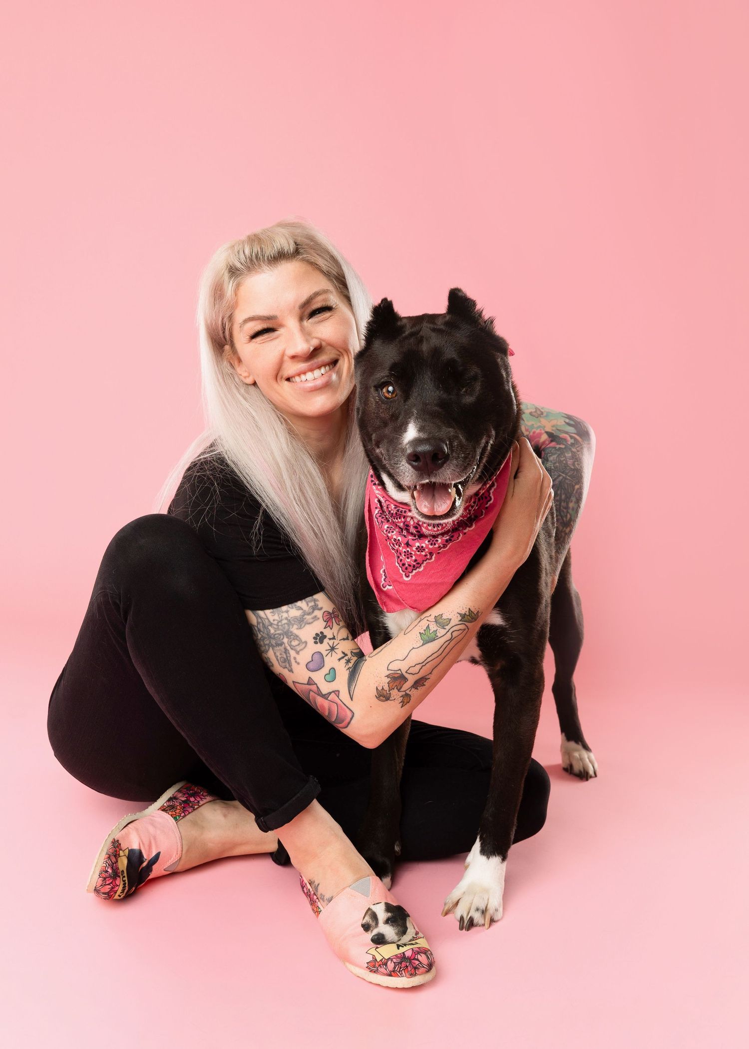 Black dog with red bandana playing and posing with owner on pink studio backdrop.