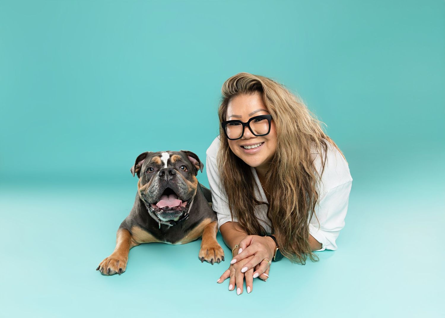 Playful brown puppy posing alongside on turquoise background in studio photo sequence.