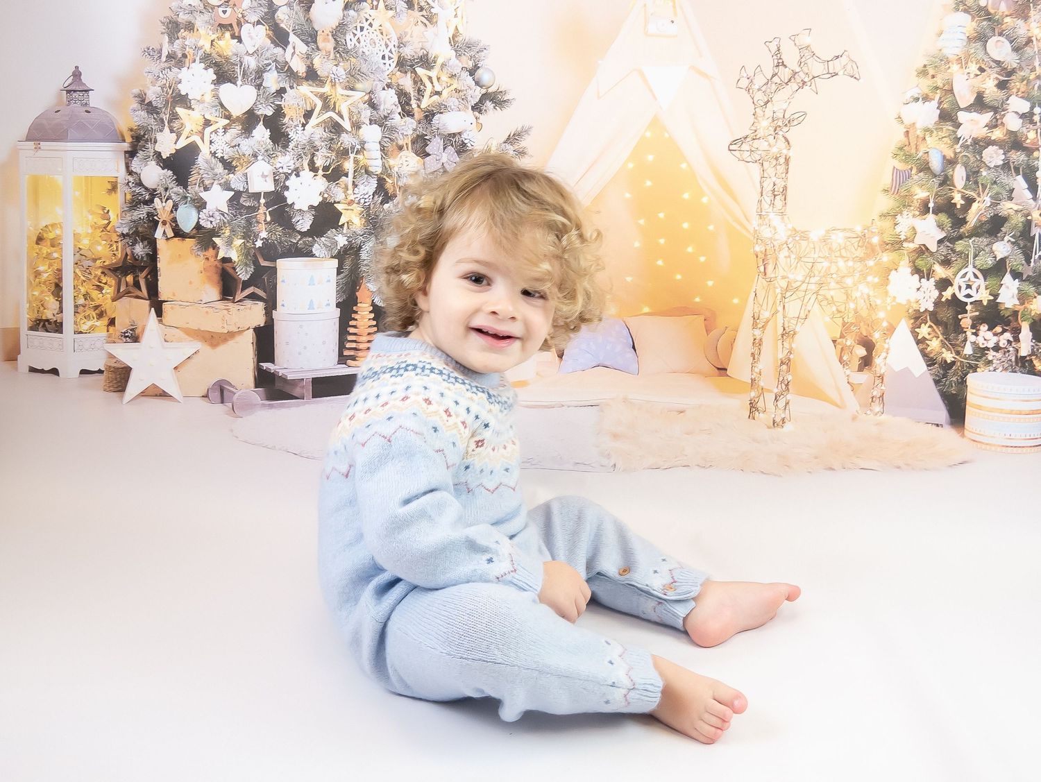Holiday portrait setup with decorated white Christmas trees and lantern.