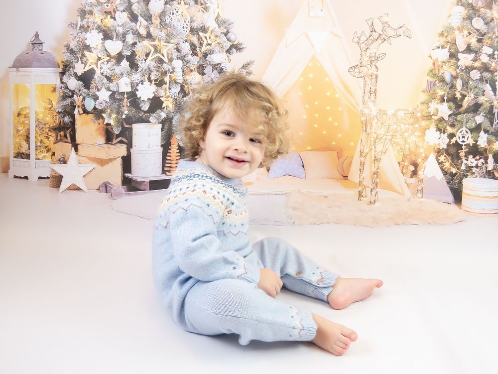 Holiday portrait setup with decorated white Christmas trees and lantern.