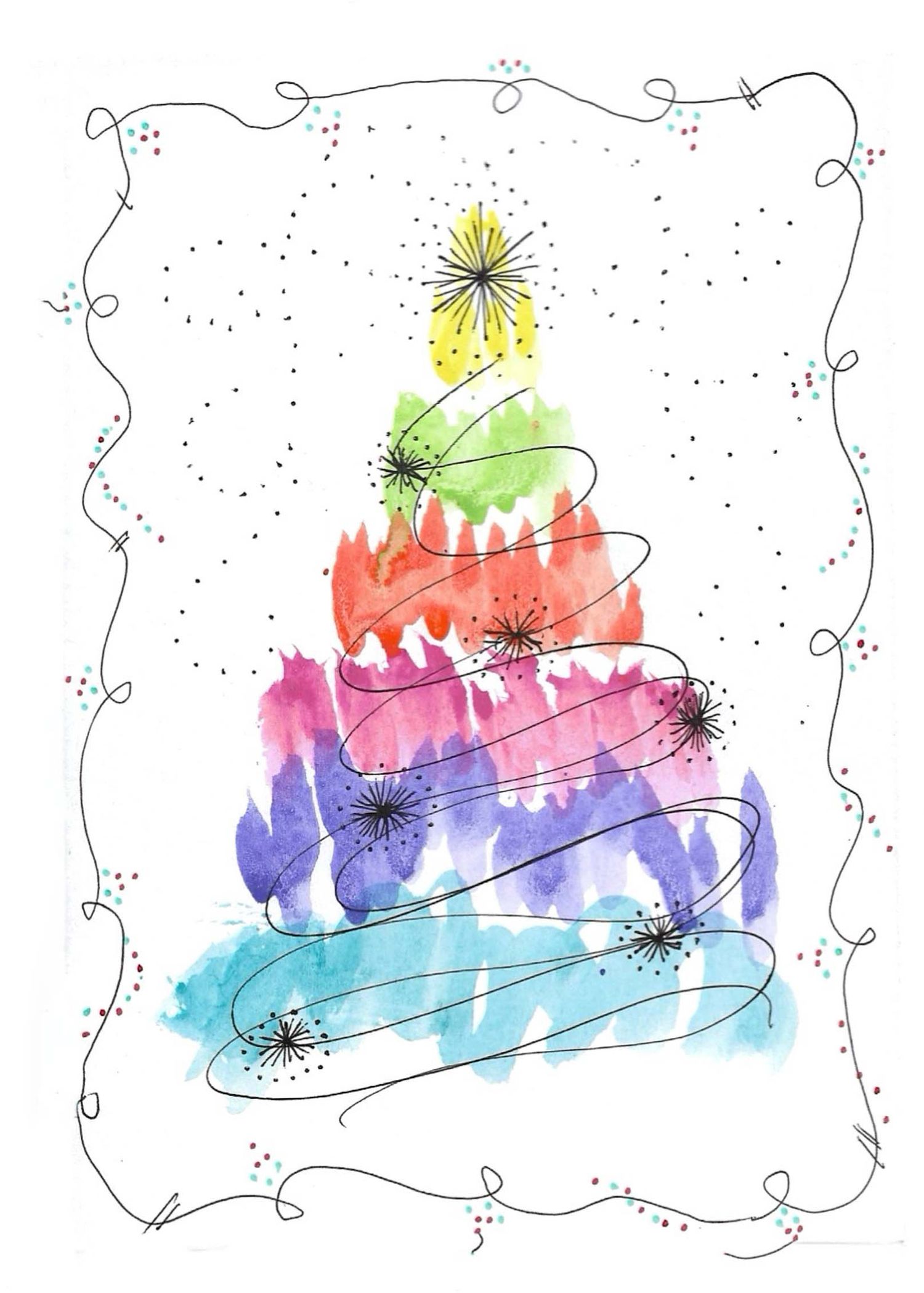 Whimsical watercolor Christmas tree in rainbow colors with swirling lines and sparkles.