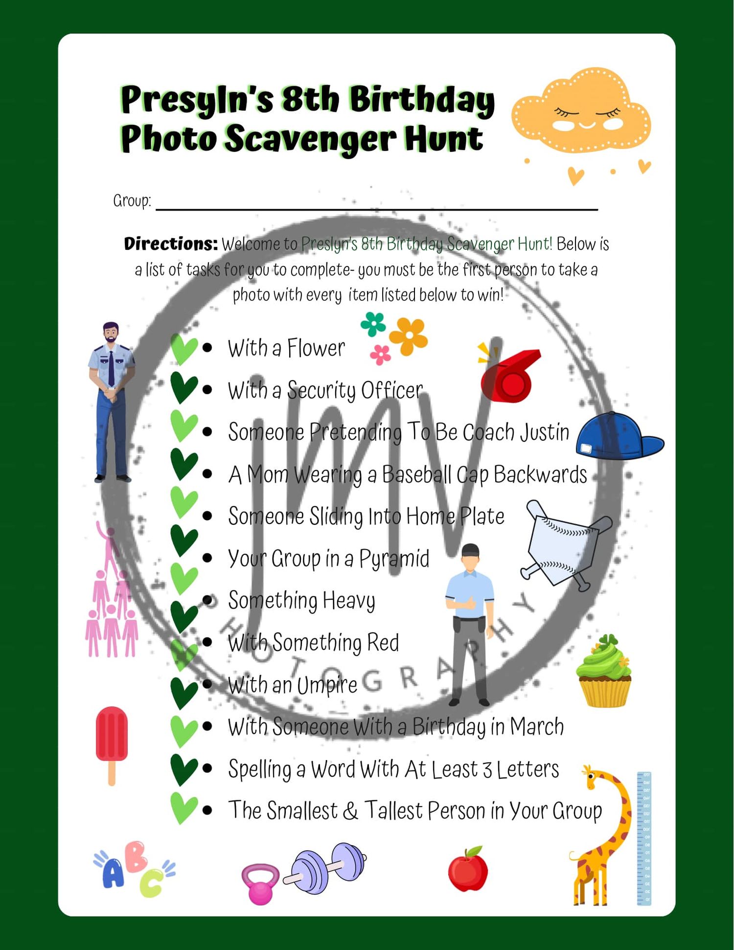 Colorful birthday photo scavenger hunt checklist with cute cartoon illustrations.