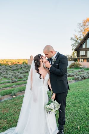A romantic wedding moment captured outdoors with a rustic barn and lavender field in the background at sunset the Farm at Summit Wynds, MA.