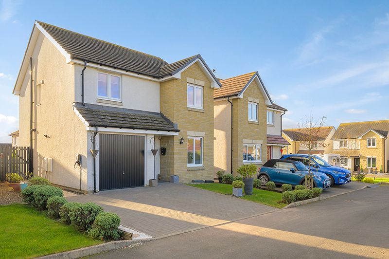 Modern residential homes with driveways and landscaping line a suburban street under a bright blue sky.