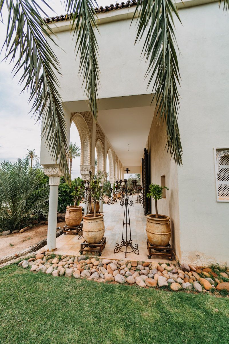 Elegant colonnade walkway with potted plants and palm fronds framing a Mediterranean courtyard.