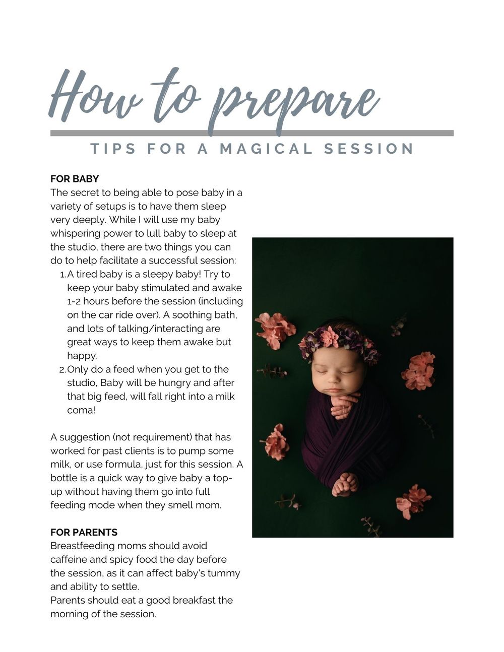 Photography preparation guide with text and floral newborn portrait.