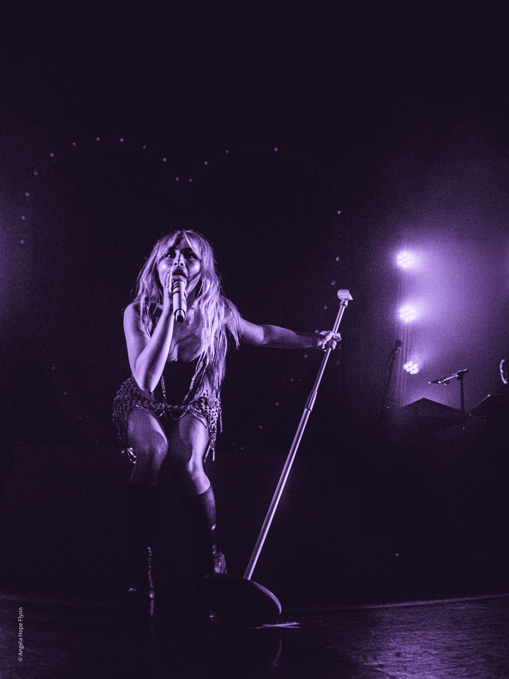 Purple-tinted concert photo with dramatic stage lighting and microphone stand.