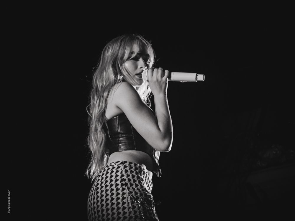 Black and white concert photo of performer singing into microphone with long hair.