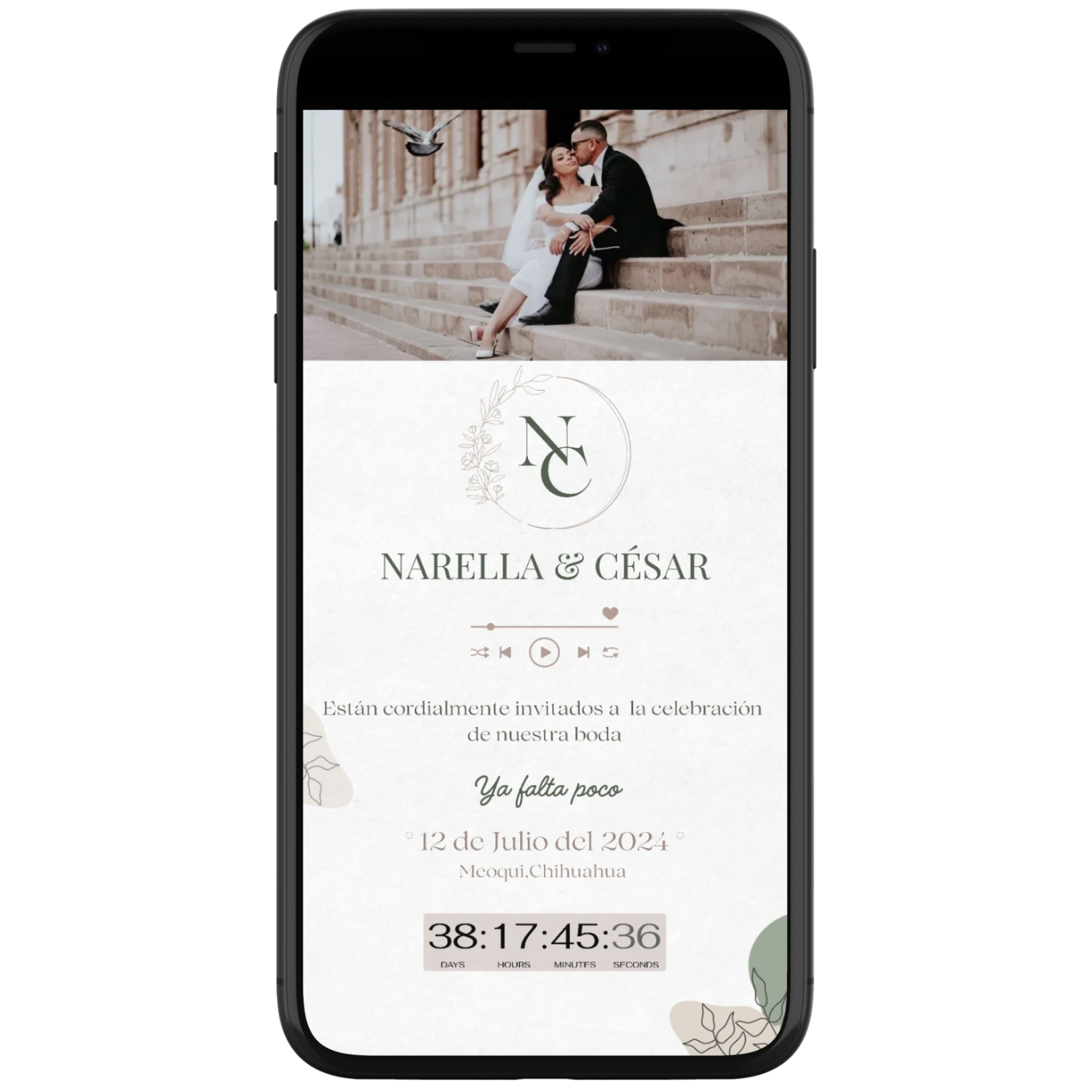 Digital wedding countdown timer design with monogram and elegant typography.