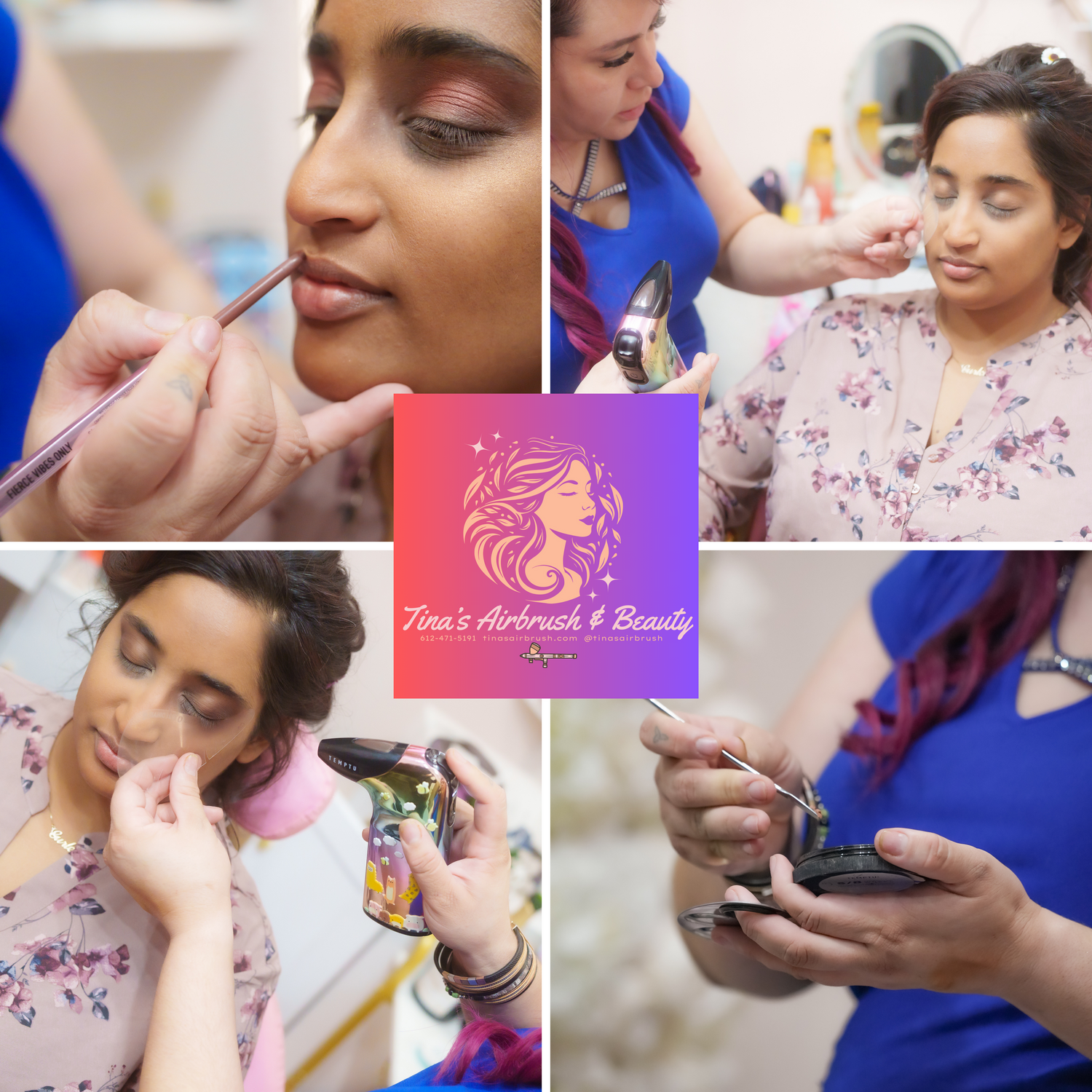 Collage of beauty treatment photos showing makeup application and skincare procedures.