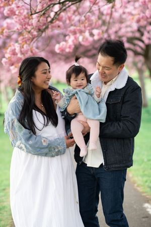 Family enjoying a spring day under blooming cherry blossom trees in the park.