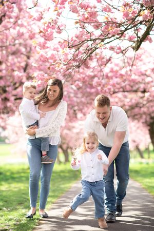 A family with two young children running and playing under cherry blosson trees