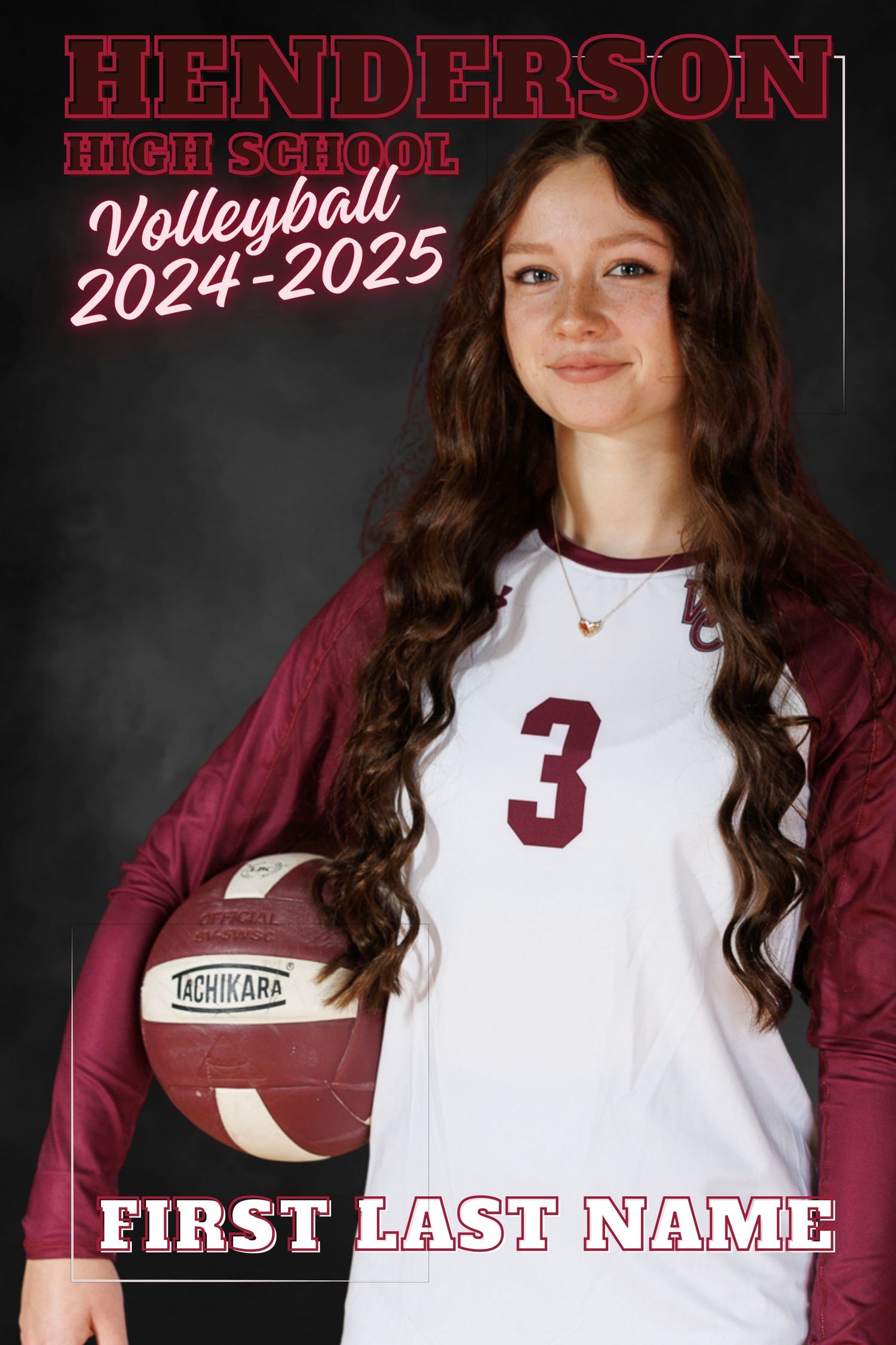 High school volleyball player in maroon and white uniform holds volleyball for team photo.