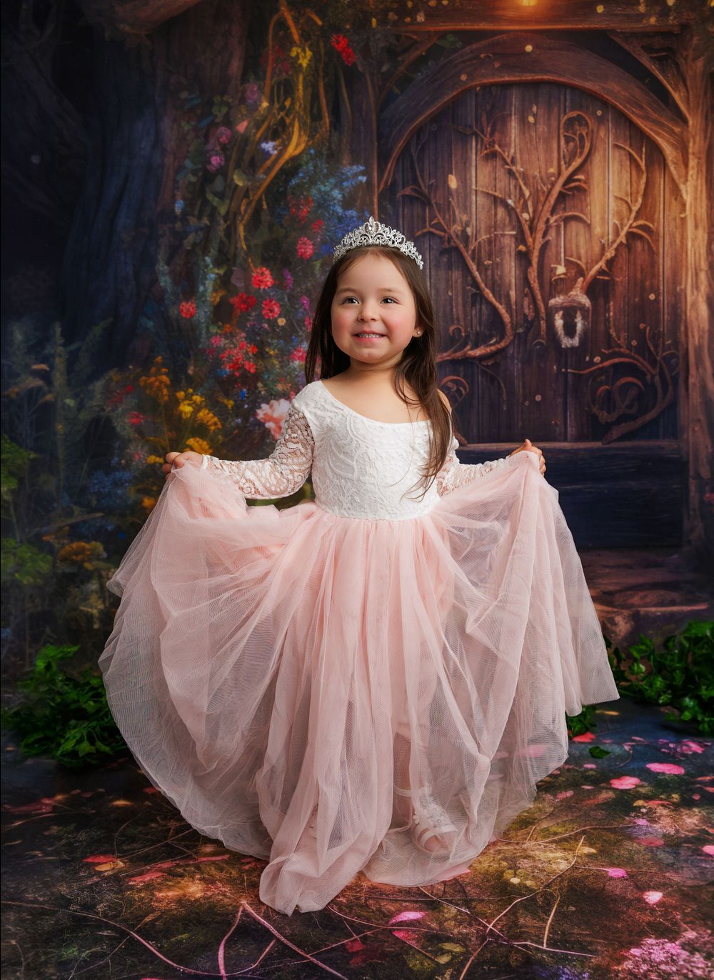 Princess twirling in pink tulle dress against magical garden backdrop.
