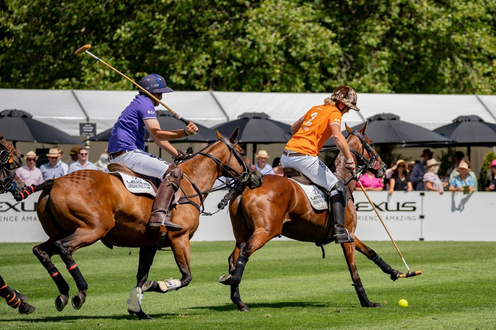 Two polo players competing for the ball during intense match on grass field.