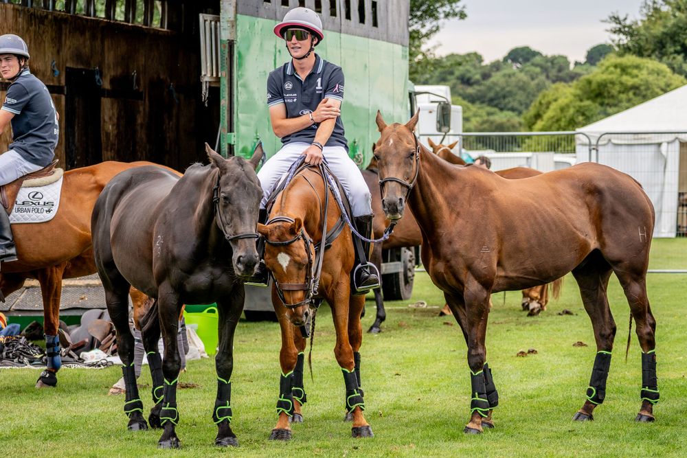 Three polo horses and riders lined up on grass field during event.