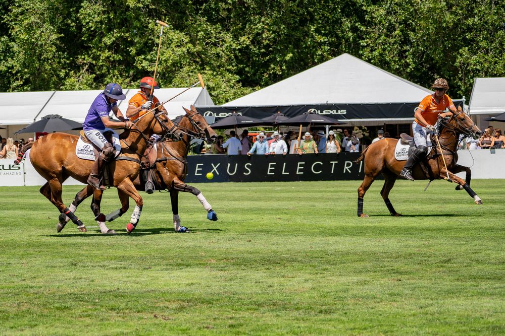 Action shot of polo players chasing the ball during a match with spectators watching from sidelines.