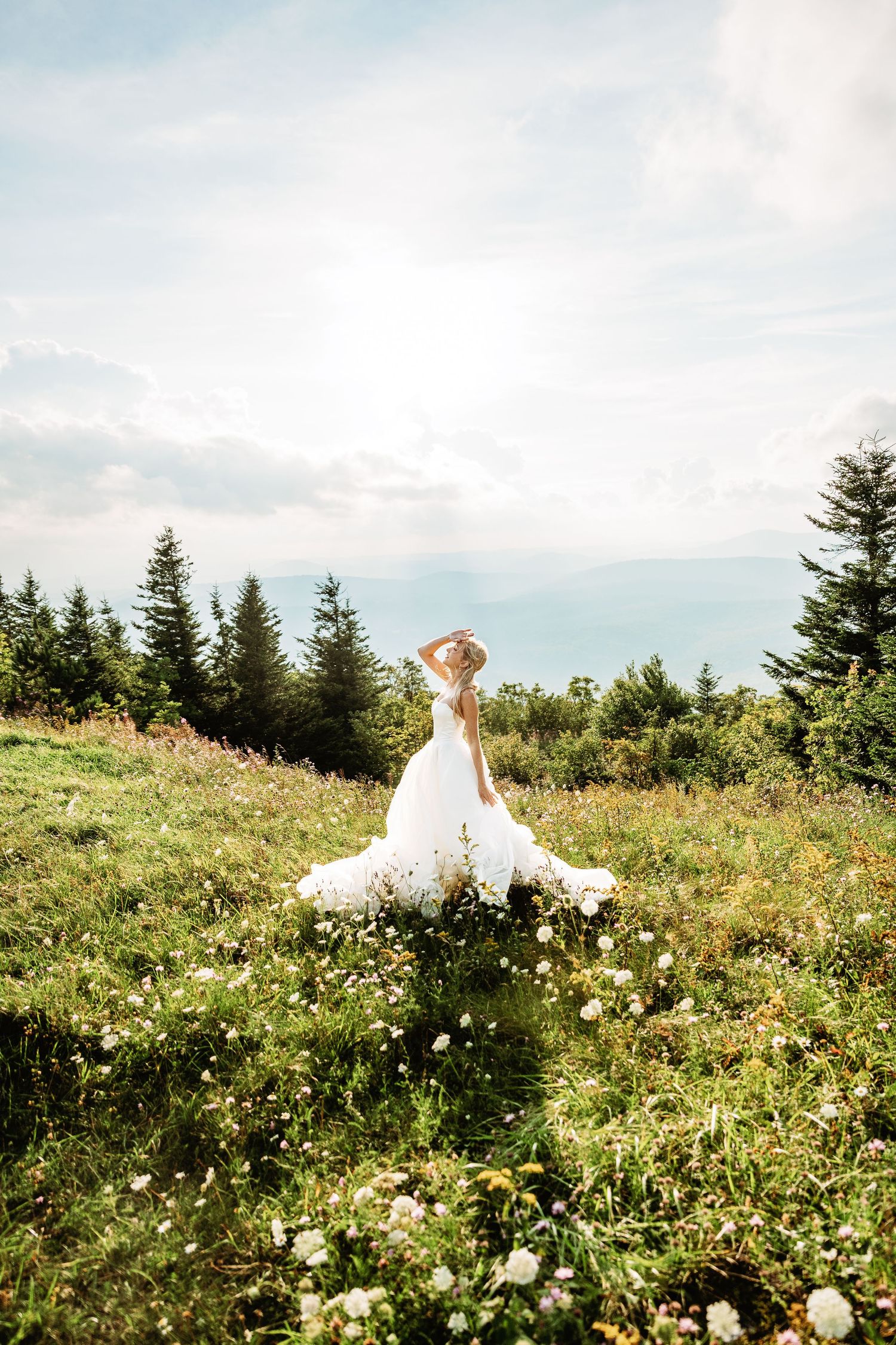 Bride poses among the wildflowers in the field of Spruce Knob Mountain during their elopement | west virginia elopement photographer