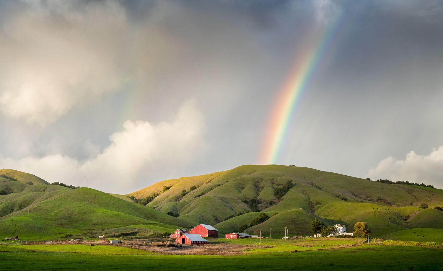 Vibrant rainbow arches over green rolling hills with red barn buildings in the foreground.