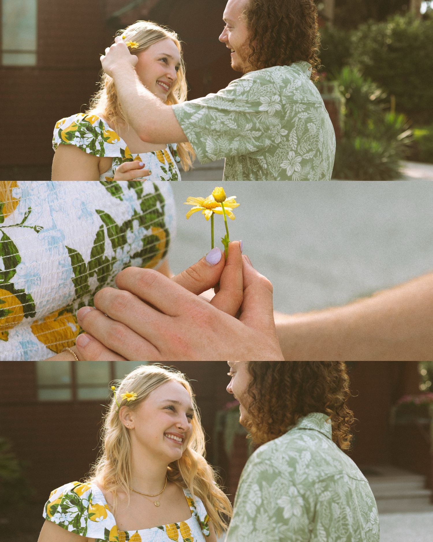 Three sequential photos of a romantic moment outdoors with yellow flowers and floral summer dresses.