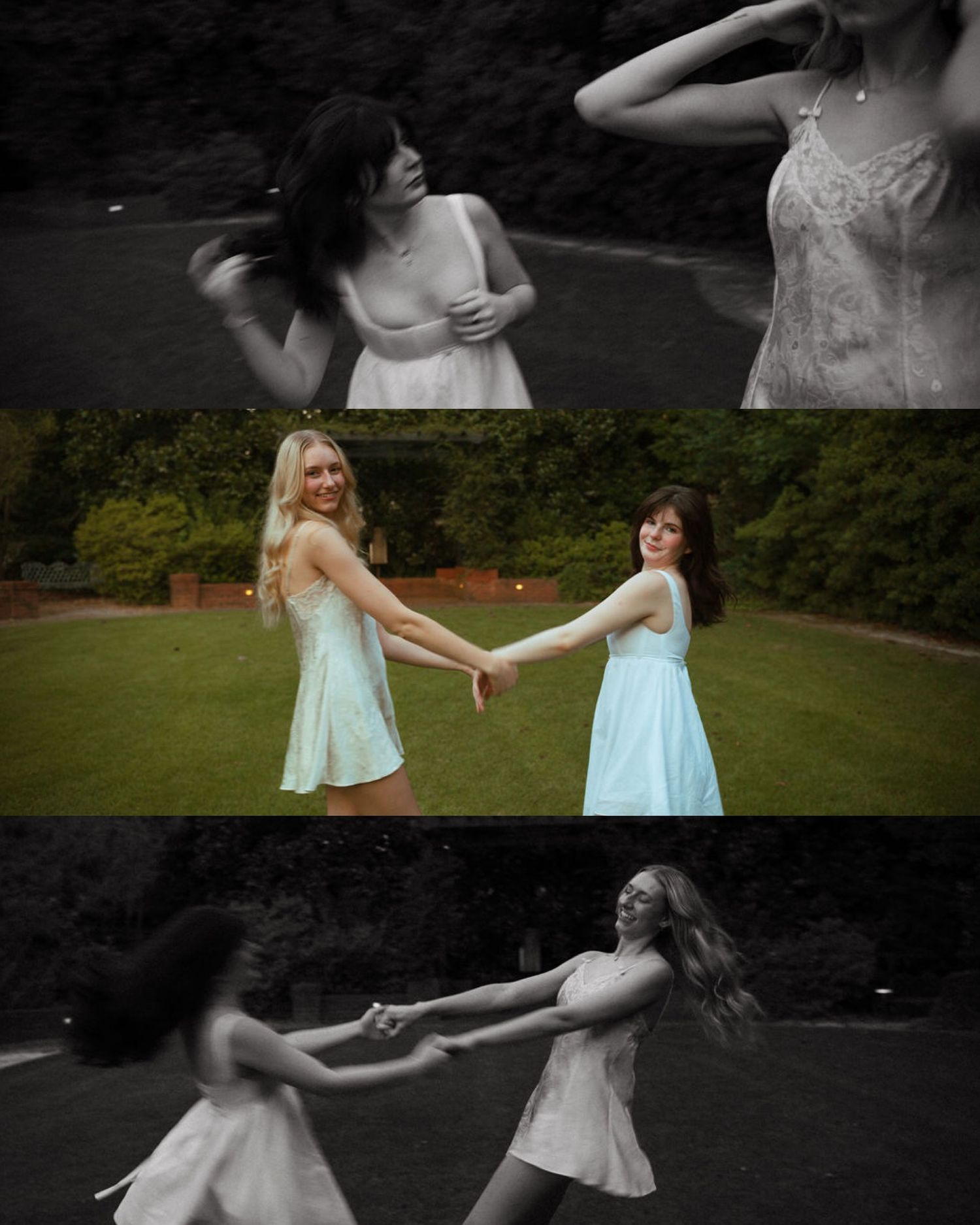 Two people dancing together in white and blue outfits in a lush garden setting.