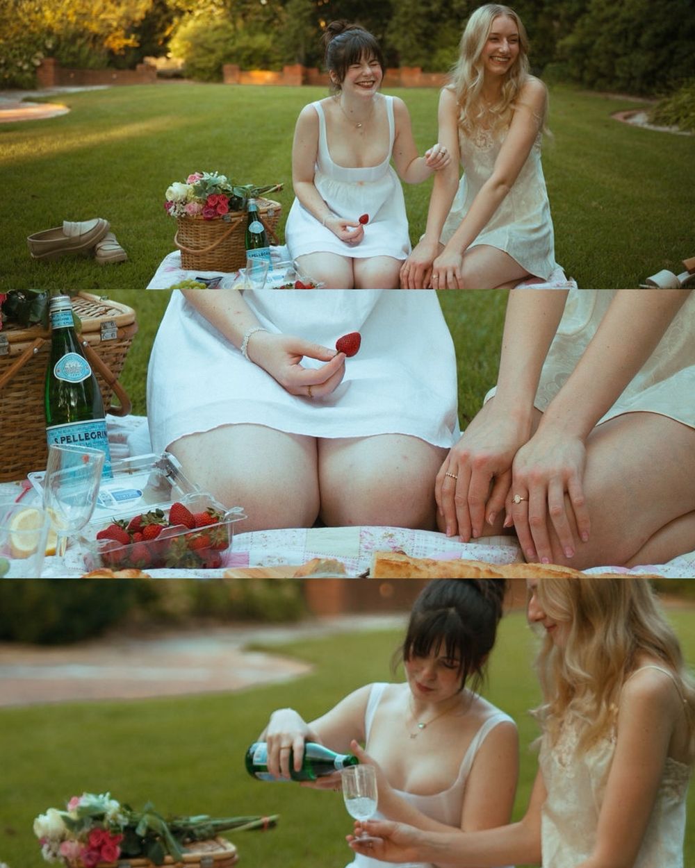 Friends enjoy a summer picnic outdoors with wine, strawberries and flowers on a sunny afternoon.