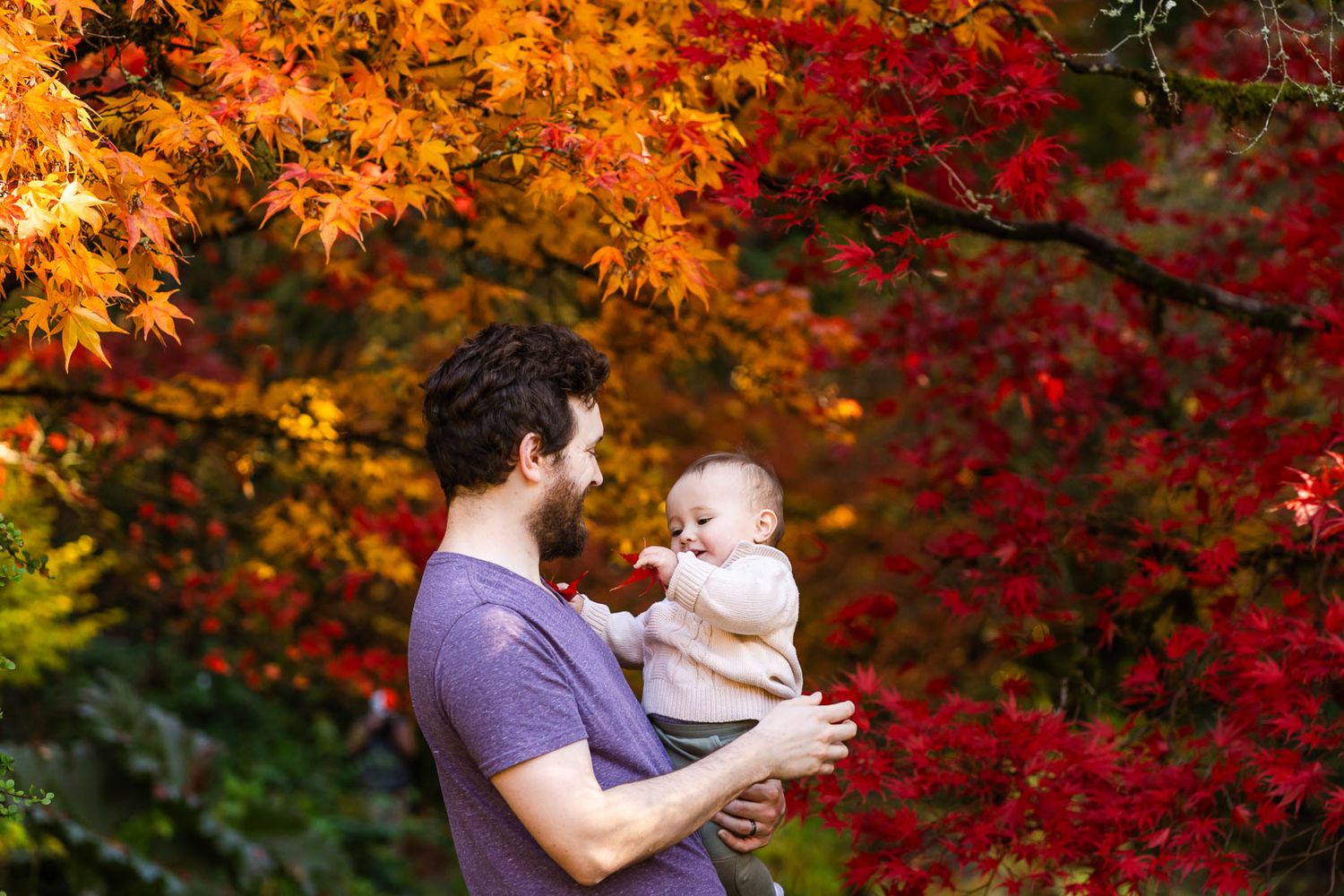 Father holding his son and laughing in front of Seattle Japanese maple trees.