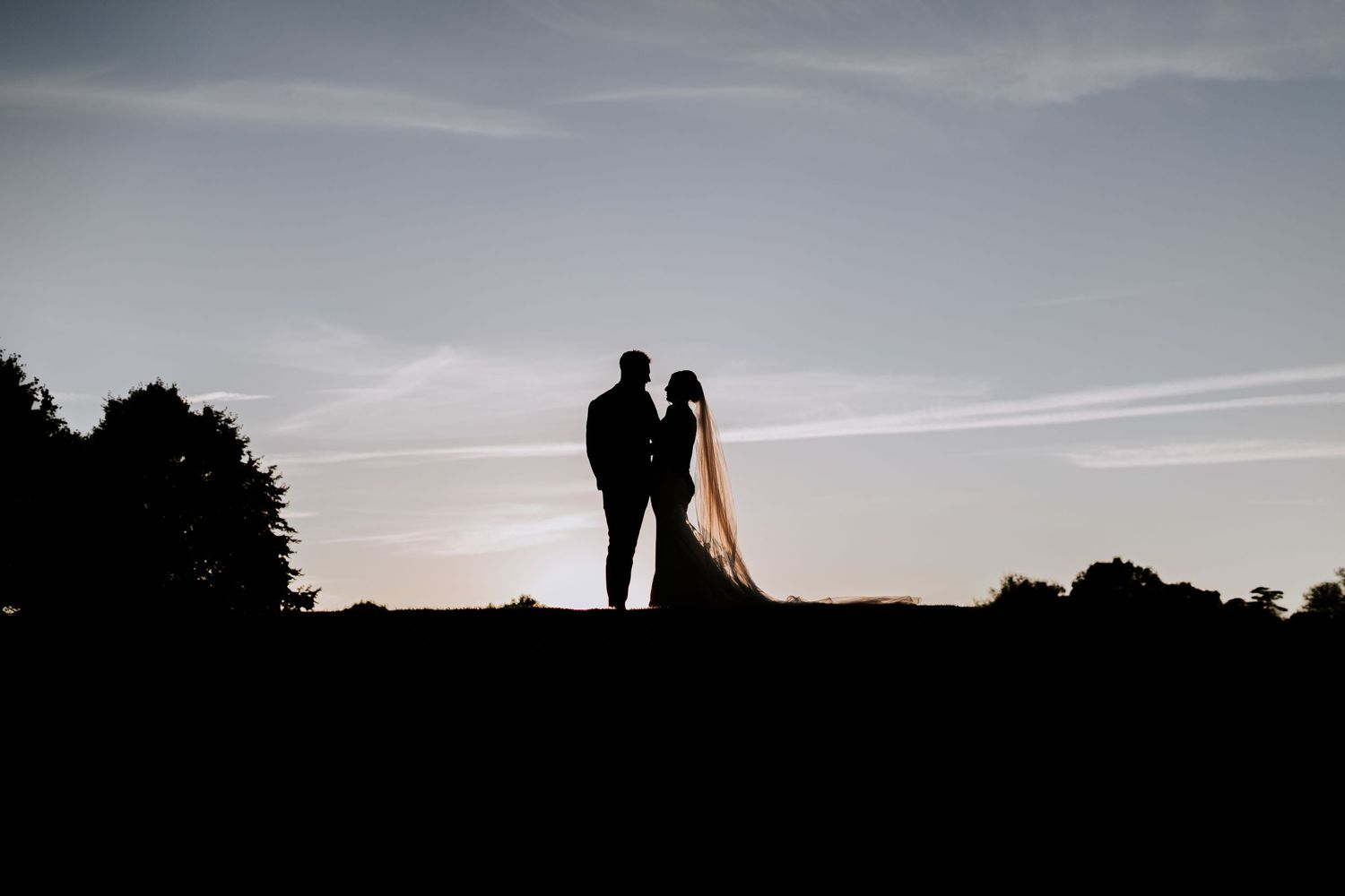 Romantic silhouettes at sunset capture wedding couple and guests during golden hour.