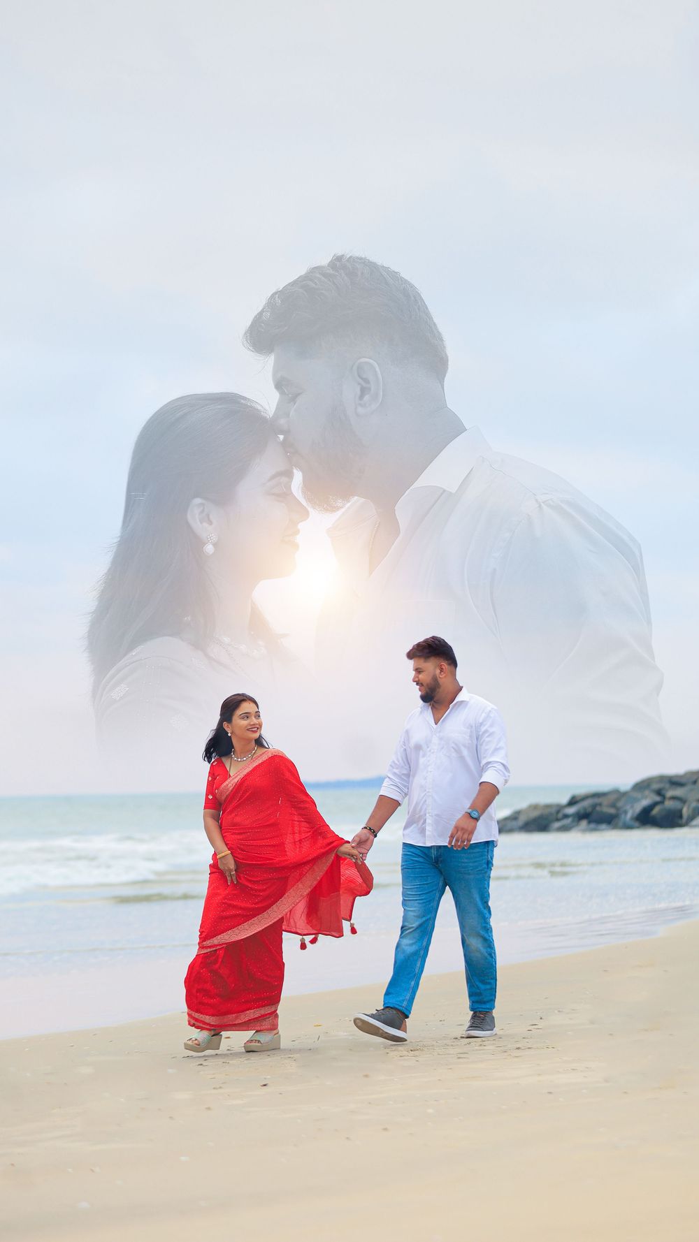 Couple walking together on a beach with a romantic double exposure