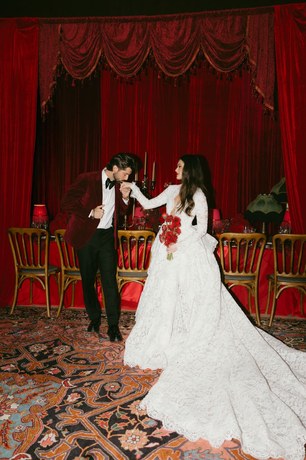 A sequence of candid wedding moments captured against elegant red curtains and ornate carpet showing the bride's flowing white gown.