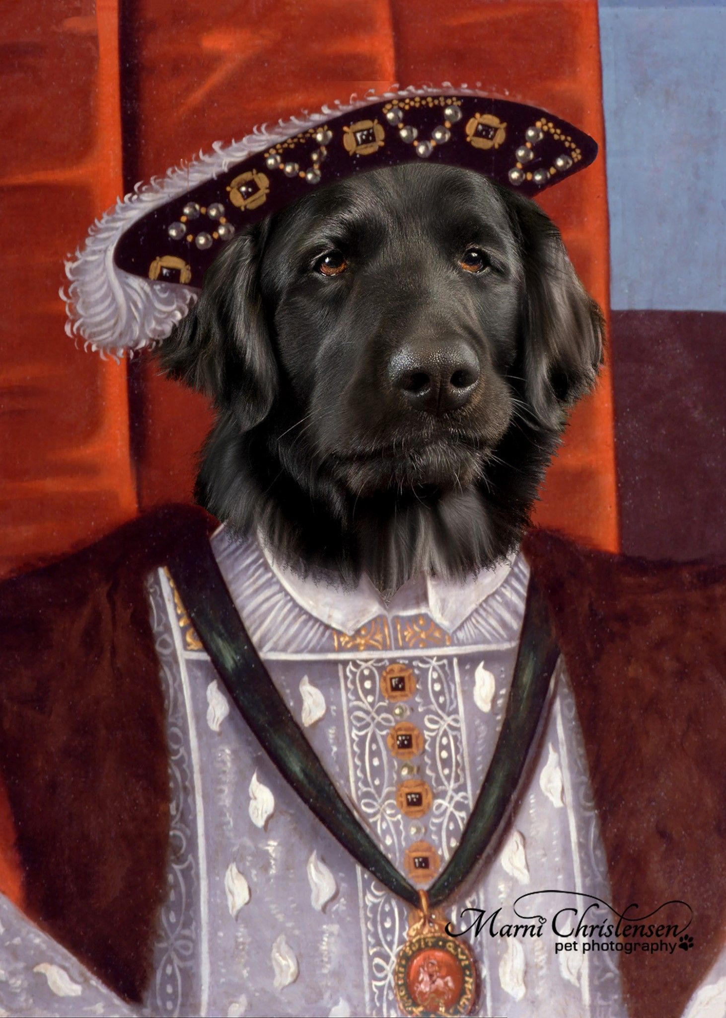 Black dog wearing ornate renaissance costume with hat and medallion in classic portrait style.