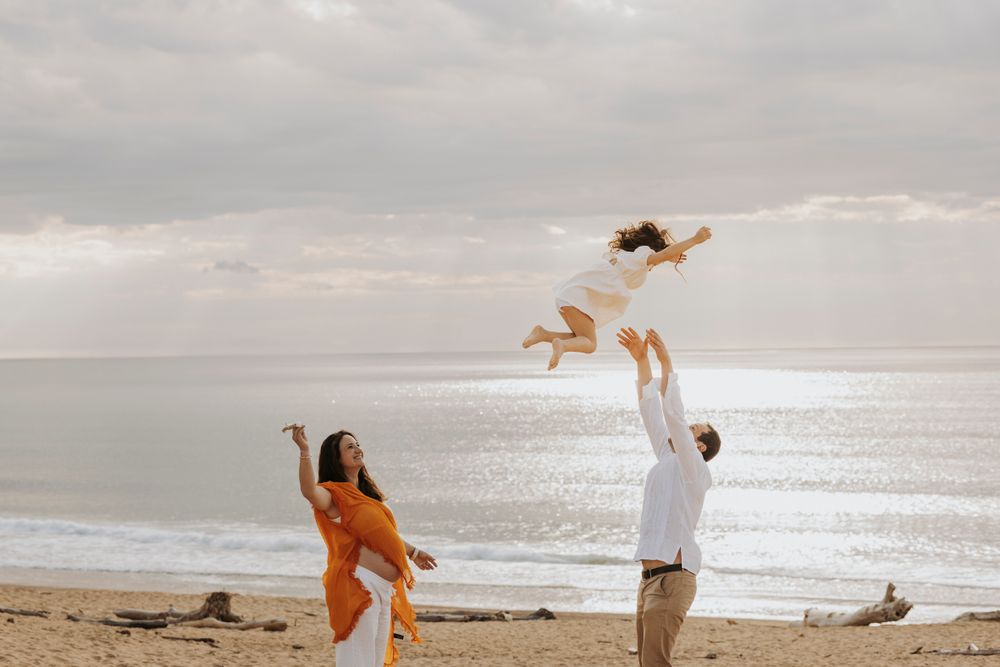 Famille lumière dorée , plage, landes