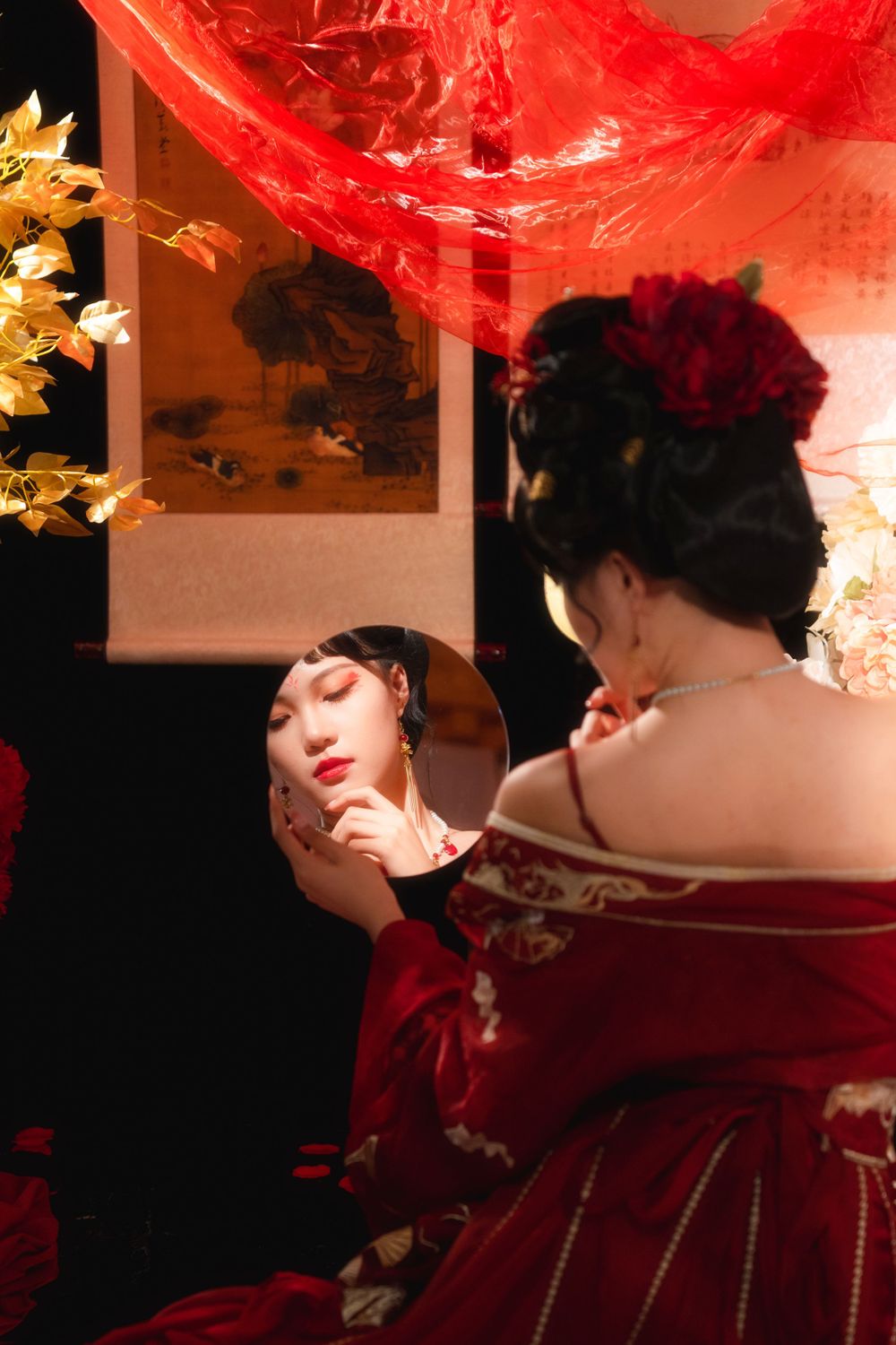 Softly lit, elegant Hanfu solo portrait on a mirrored floor surrounded by red spider lilies, by Imagine Image Studio.