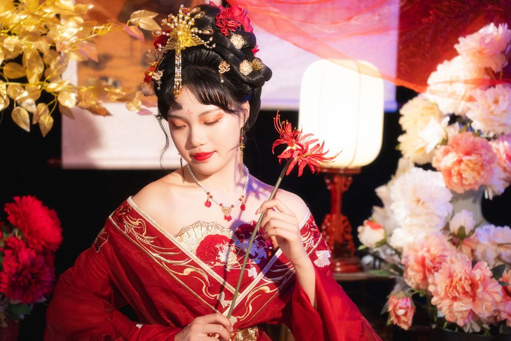 Sensual and serene red-toned Hanfu studio portrait among spider lilies and glowing candles, by Imagine Image Studio.