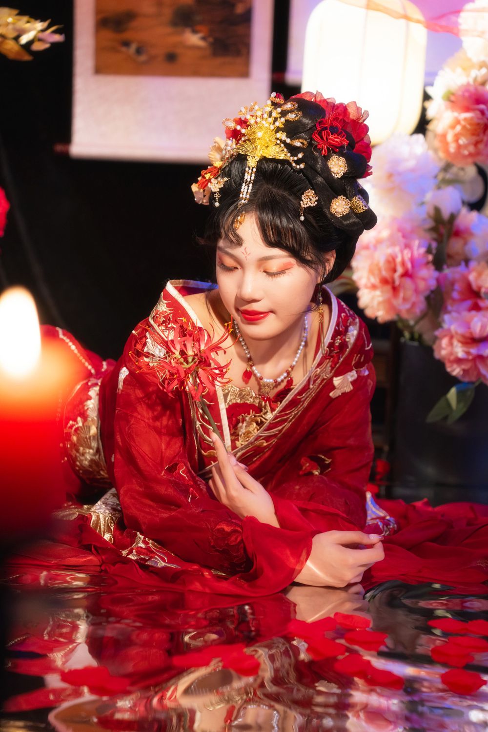 Softly lit, elegant Hanfu solo portrait on a mirrored floor surrounded by red spider lilies, by Imagine Image Studio.