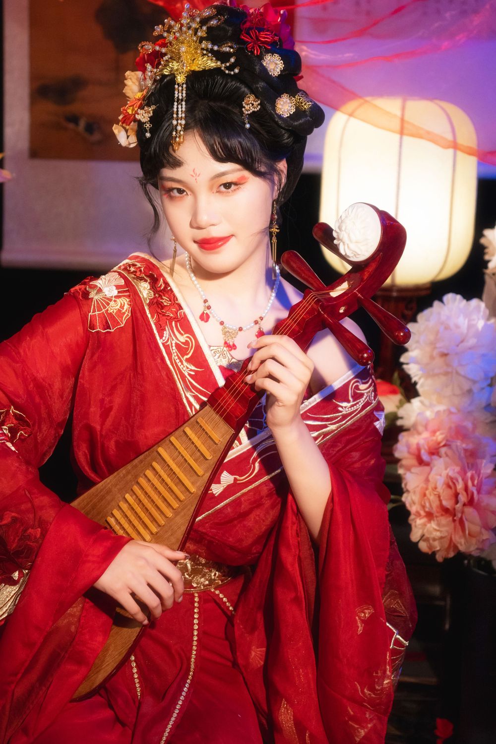 Softly lit, elegant Hanfu solo portrait on a mirrored floor surrounded by red spider lilies, by Imagine Image Studio.