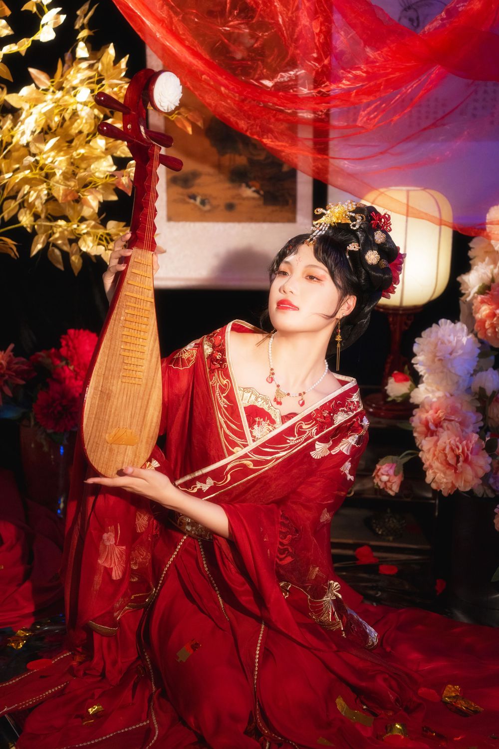 Softly lit, elegant Hanfu solo portrait on a mirrored floor surrounded by red spider lilies, by Imagine Image Studio.