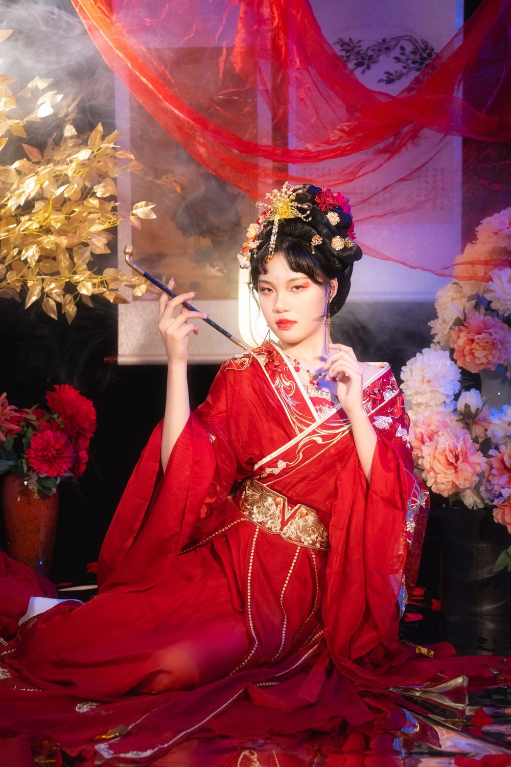 Softly lit, elegant Hanfu solo portrait on a mirrored floor surrounded by red spider lilies, by Imagine Image Studio.