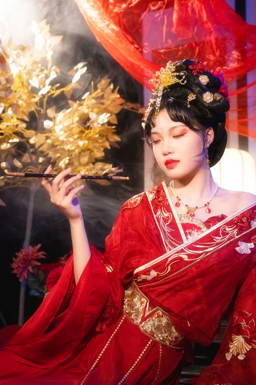 Softly lit, elegant Hanfu solo portrait on a mirrored floor surrounded by red spider lilies, by Imagine Image Studio.