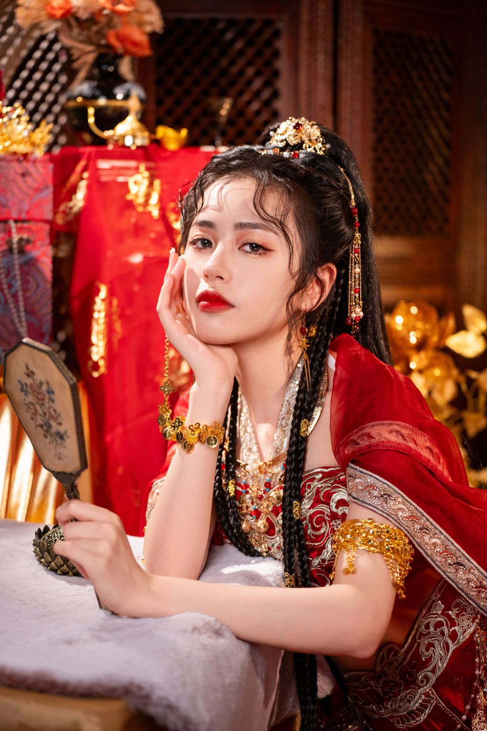 Dynamic photo of a beautiful assassin in red Western Regions Hanfu dancing among gold, silver, and flowers. Studio shot by Imagine Image Stu