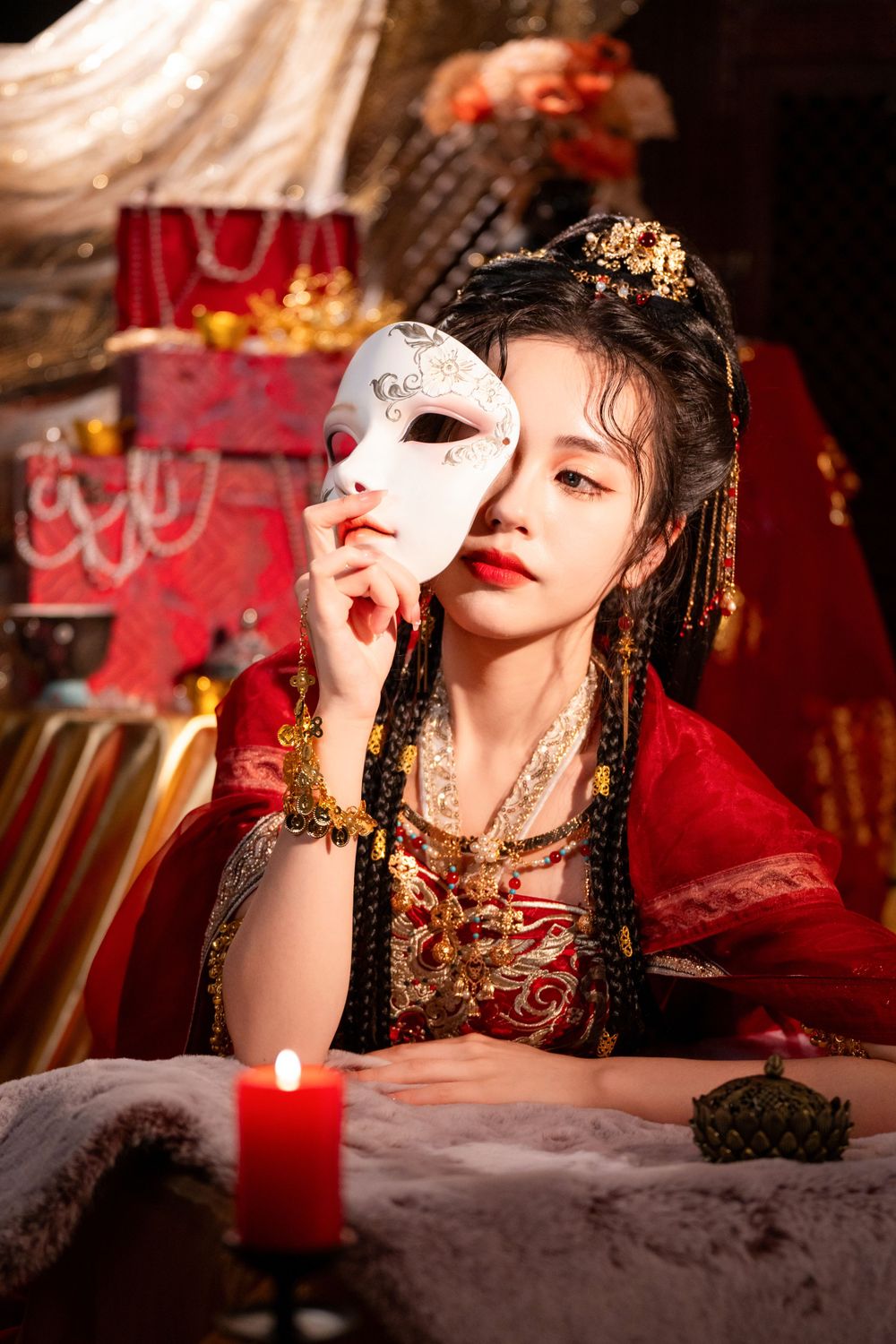 Dynamic photo of a beautiful assassin in red Western Regions Hanfu dancing among gold, silver, and flowers. Studio shot by Imagine Image Stu