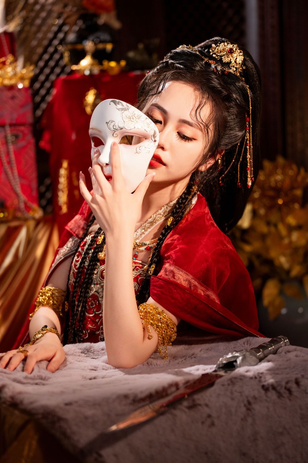 Dynamic photo of a beautiful assassin in red Western Regions Hanfu dancing among gold, silver, and flowers. Studio shot by Imagine Image Stu
