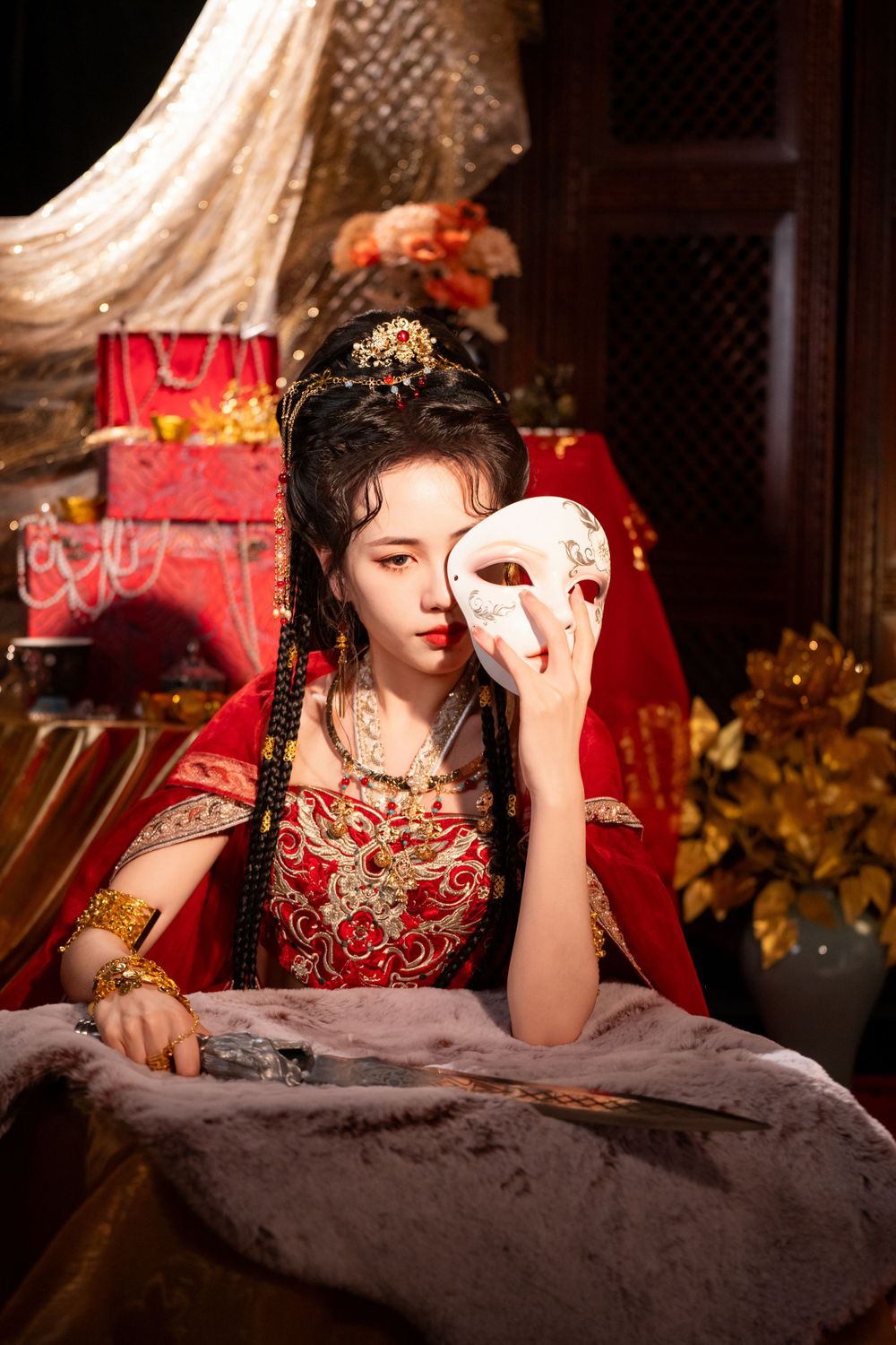Dynamic photo of a beautiful assassin in red Western Regions Hanfu dancing among gold, silver, and flowers. Studio shot by Imagine Image Stu