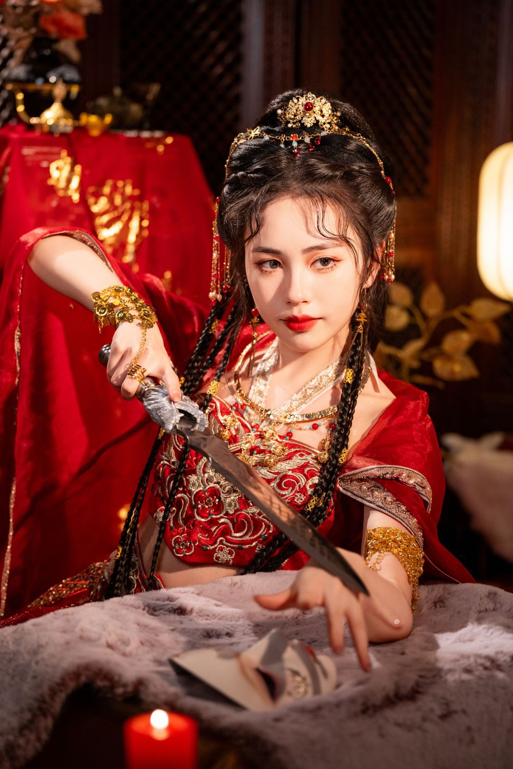 Dynamic photo of a beautiful assassin in red Western Regions Hanfu dancing among gold, silver, and flowers. Studio shot by Imagine Image Stu