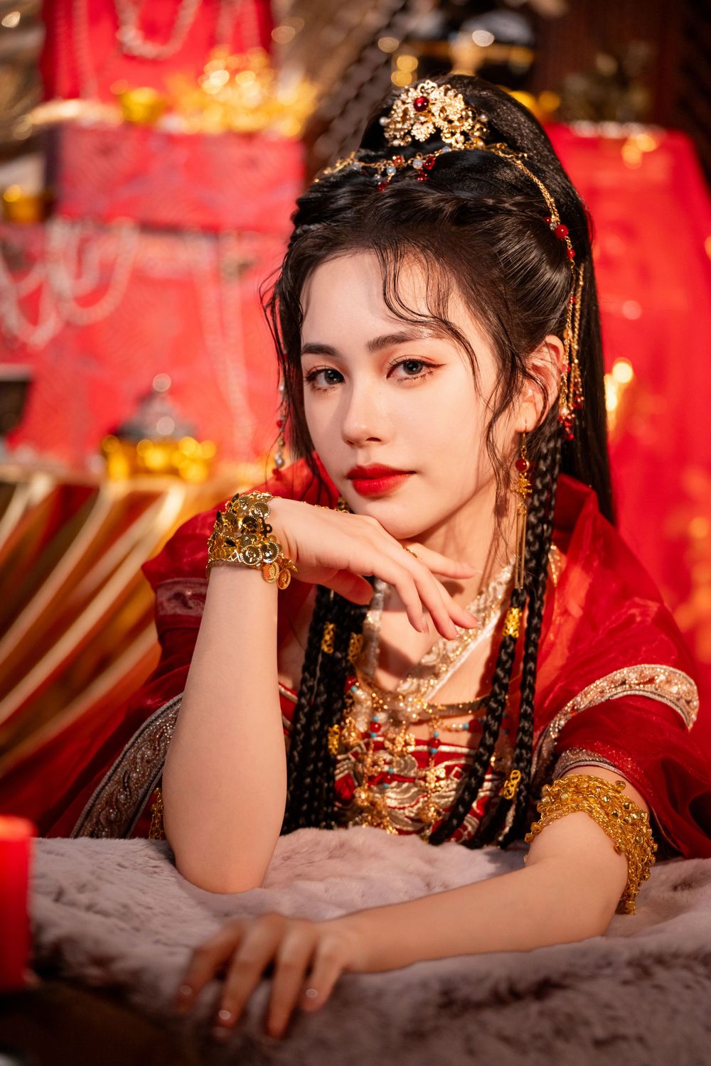Dynamic photo of a beautiful assassin in red Western Regions Hanfu dancing among gold, silver, and flowers. Studio shot by Imagine Image Stu