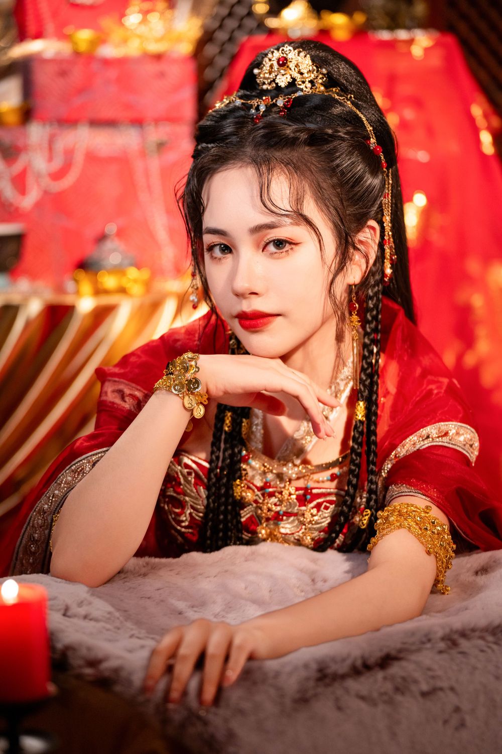 Dynamic photo of a beautiful assassin in red Western Regions Hanfu dancing among gold, silver, and flowers. Studio shot by Imagine Image Stu